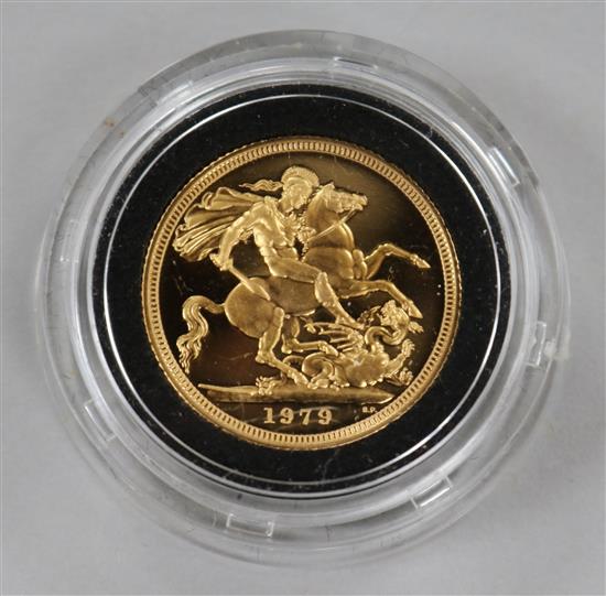 A 1979 gold proof full sovereign.